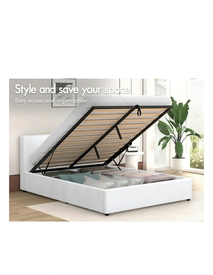 Double Size Gas Lift Storage Base Bed Frame in White Boucle image 4
