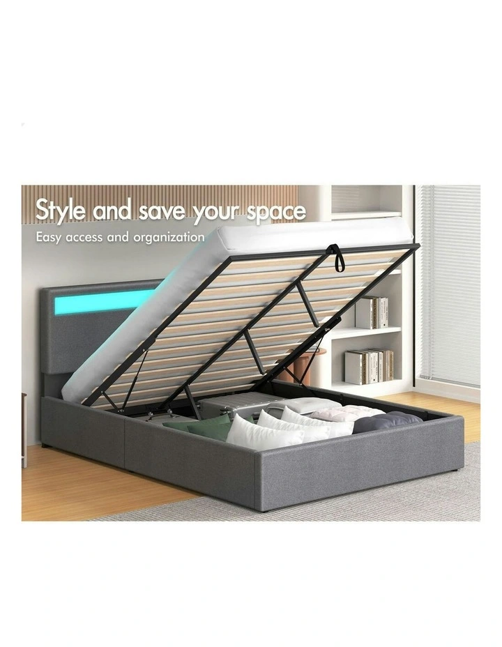 Double Size Luchino RGB LED Gas Lift Storage Base Bed Frame in Grey image 3
