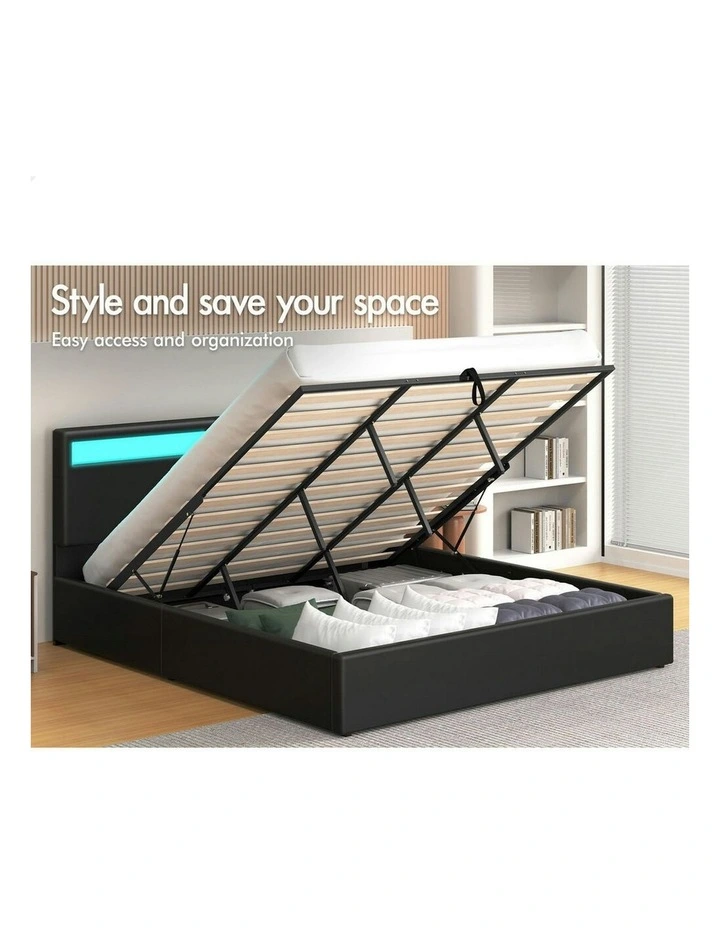 King Size Luchino RGB LED Gas Lift Storage Base Bed Frame in Black image 3