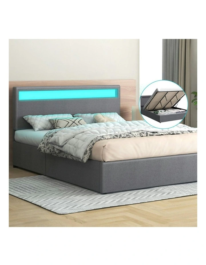 King Size Luchino RGB LED Gas Lift Storage Base Bed Frame in Grey Fabric image 2