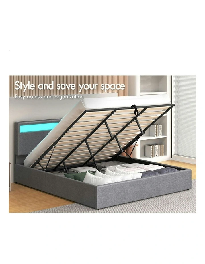 King Size Luchino RGB LED Gas Lift Storage Base Bed Frame in Grey Fabric image 3