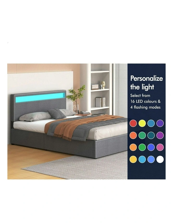King Size Luchino RGB LED Gas Lift Storage Base Bed Frame in Grey Fabric image 4