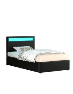 King Single Luchino RGB LED Gas Lift Storage Base Bed Frame in Black
