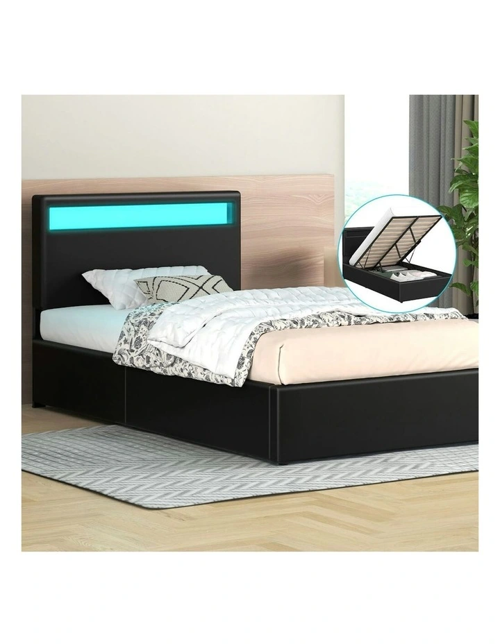 King Single Luchino RGB LED Gas Lift Storage Base Bed Frame in Black image 2