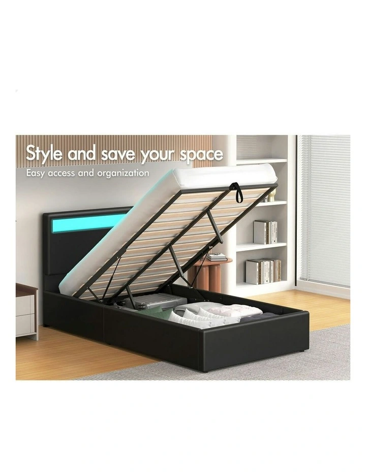 King Single Luchino RGB LED Gas Lift Storage Base Bed Frame in Black image 3