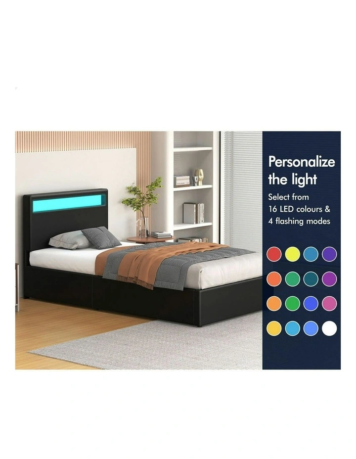 King Single Luchino RGB LED Gas Lift Storage Base Bed Frame in Black image 4