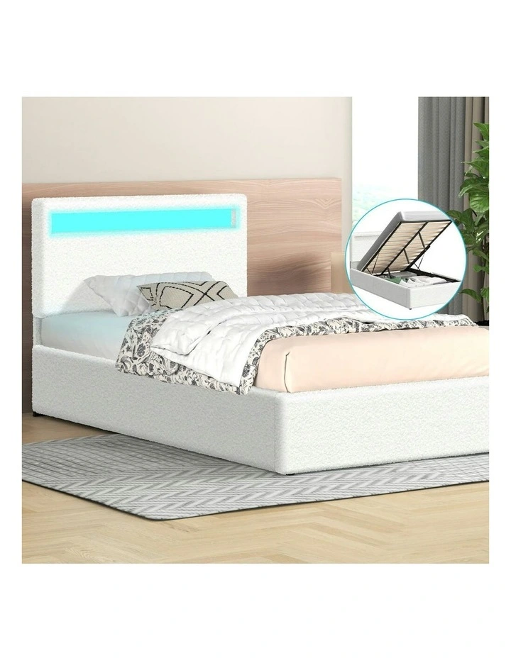 King Single Luchino RGB LED Gas Lift Storage Base Bed Frame in Boucle image 2
