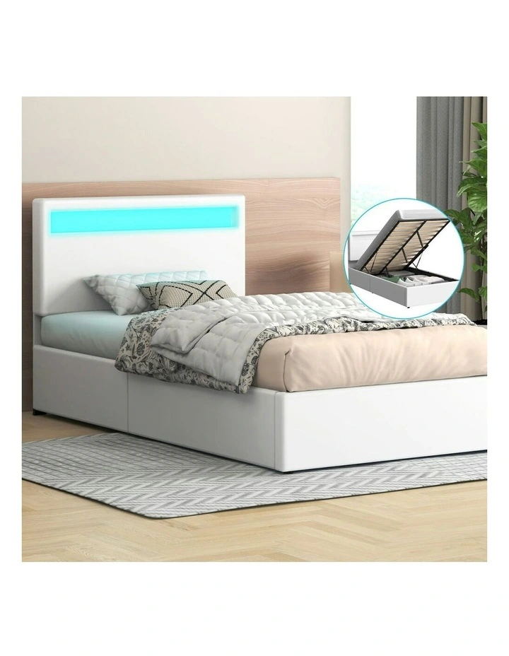 King Single Luchino RGB LED Gas Lift Storage Base Bed Frame in White image 2