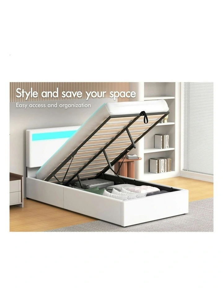 King Single Luchino RGB LED Gas Lift Storage Base Bed Frame in White image 3