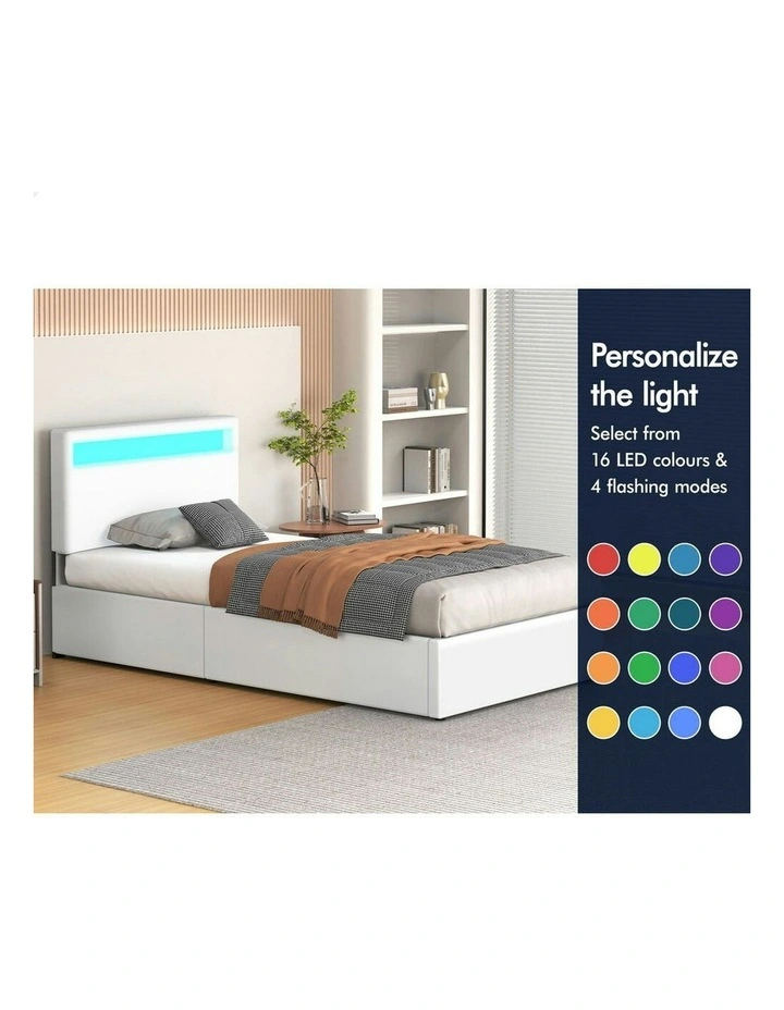 King Single Luchino RGB LED Gas Lift Storage Base Bed Frame in White image 4