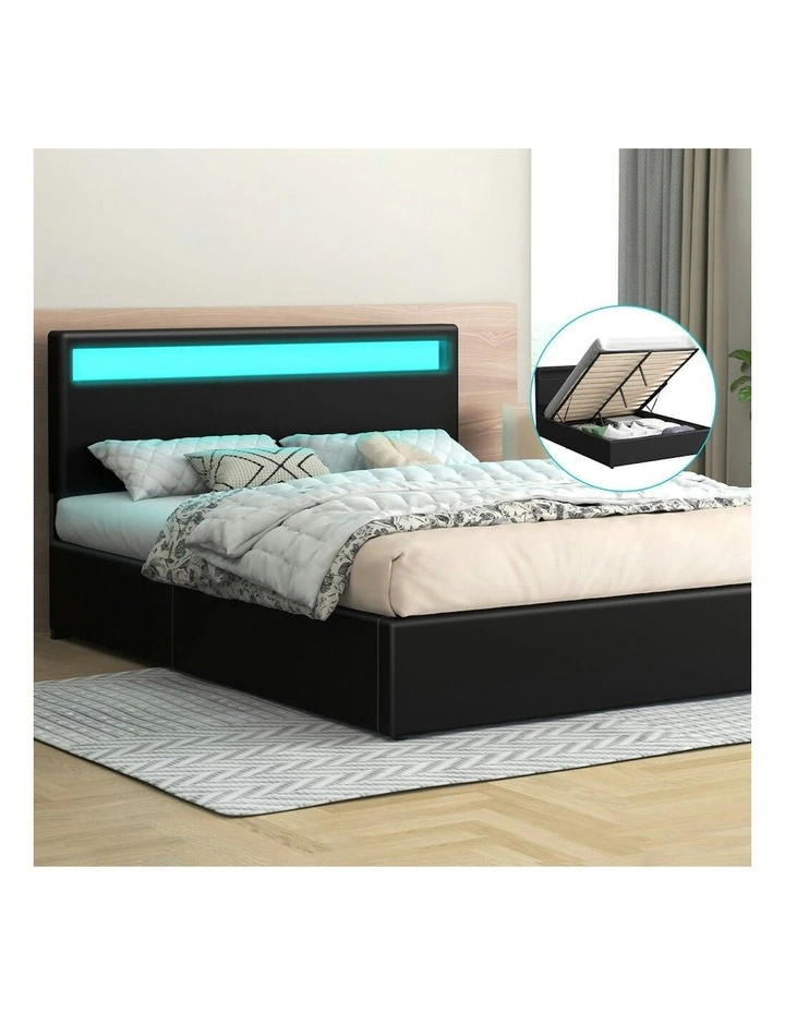Queen Size Luchino RGB LED Gas Lift Storage Base Bed Frame in Black image 2