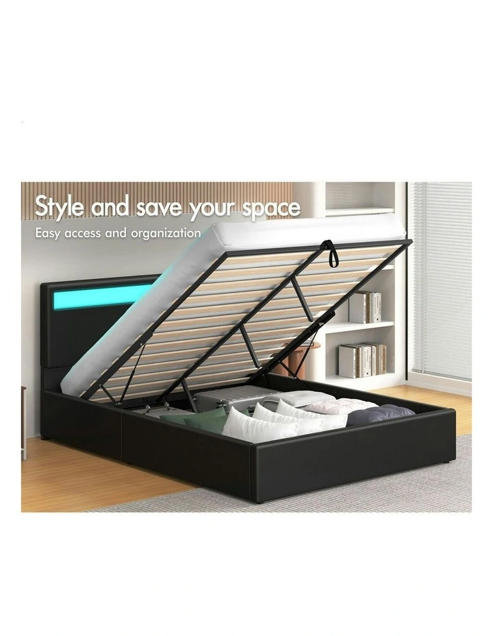 Queen Size Luchino RGB LED Gas Lift Storage Base Bed Frame in Black image 3