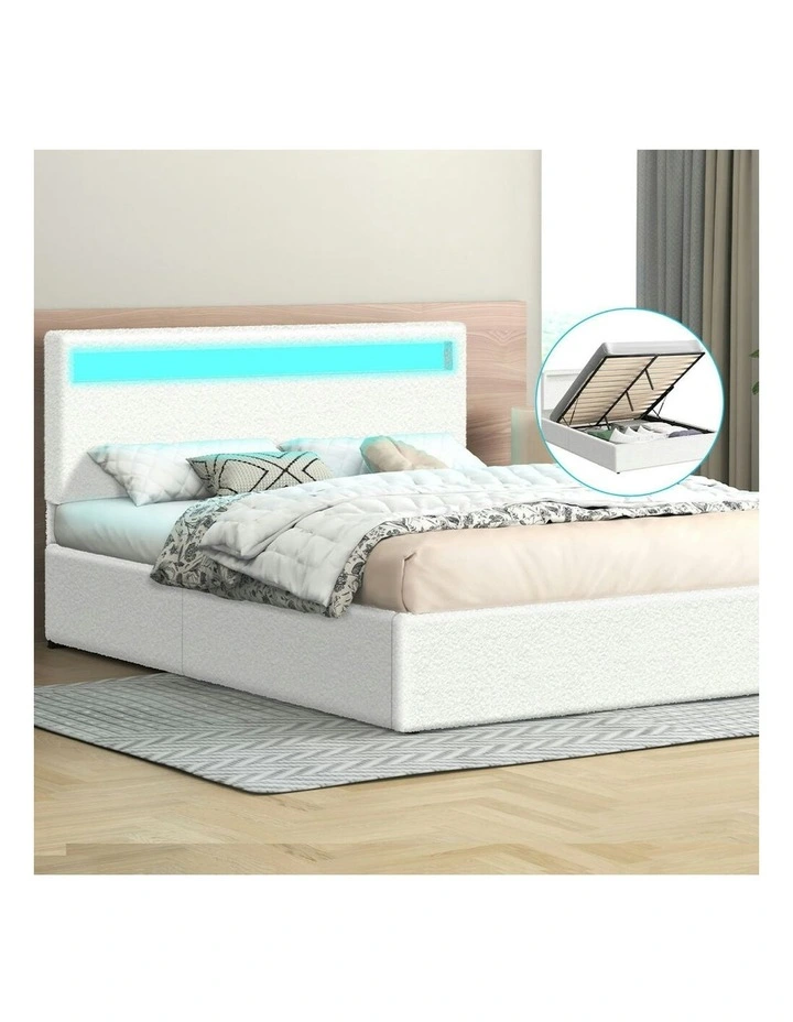 Queen Size Luchino RGB LED Gas Lift Storage Base Bed Frame in Boucle image 2