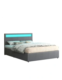 Queen Size Luchino RGB LED Gas Lift Storage Base Bed Frame in Grey Fabric