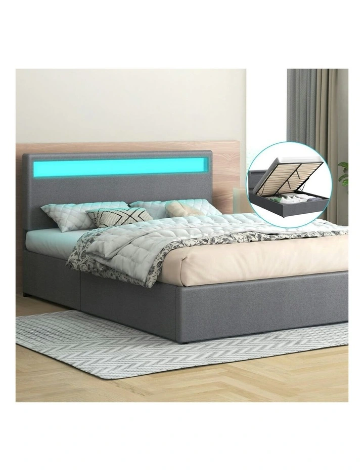 Queen Size Luchino RGB LED Gas Lift Storage Base Bed Frame in Grey Fabric image 2