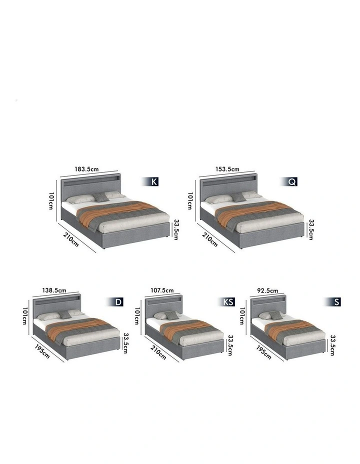 Queen Size Luchino RGB LED Gas Lift Storage Base Bed Frame in Grey Fabric image 7