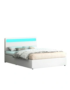 Queen Size Luchino RGB LED Gas Lift Storage Base Bed Frame in White