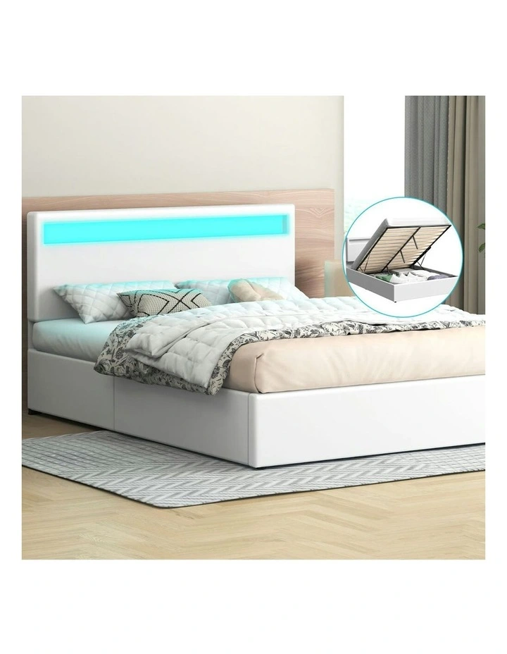 Queen Size Luchino RGB LED Gas Lift Storage Base Bed Frame in White image 2
