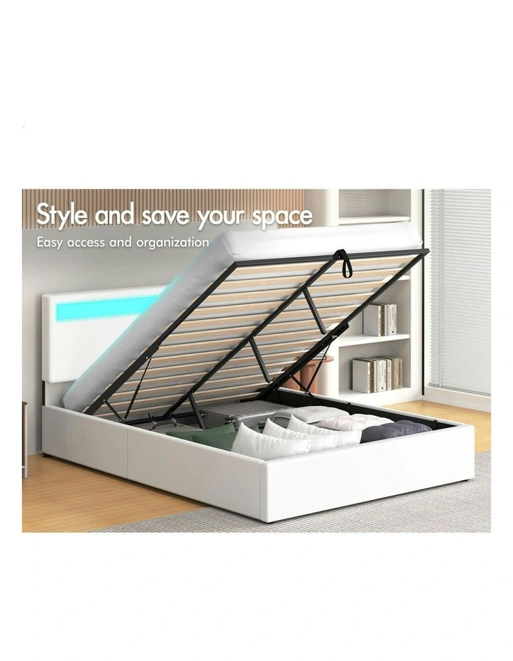 Queen Size Luchino RGB LED Gas Lift Storage Base Bed Frame in White image 3