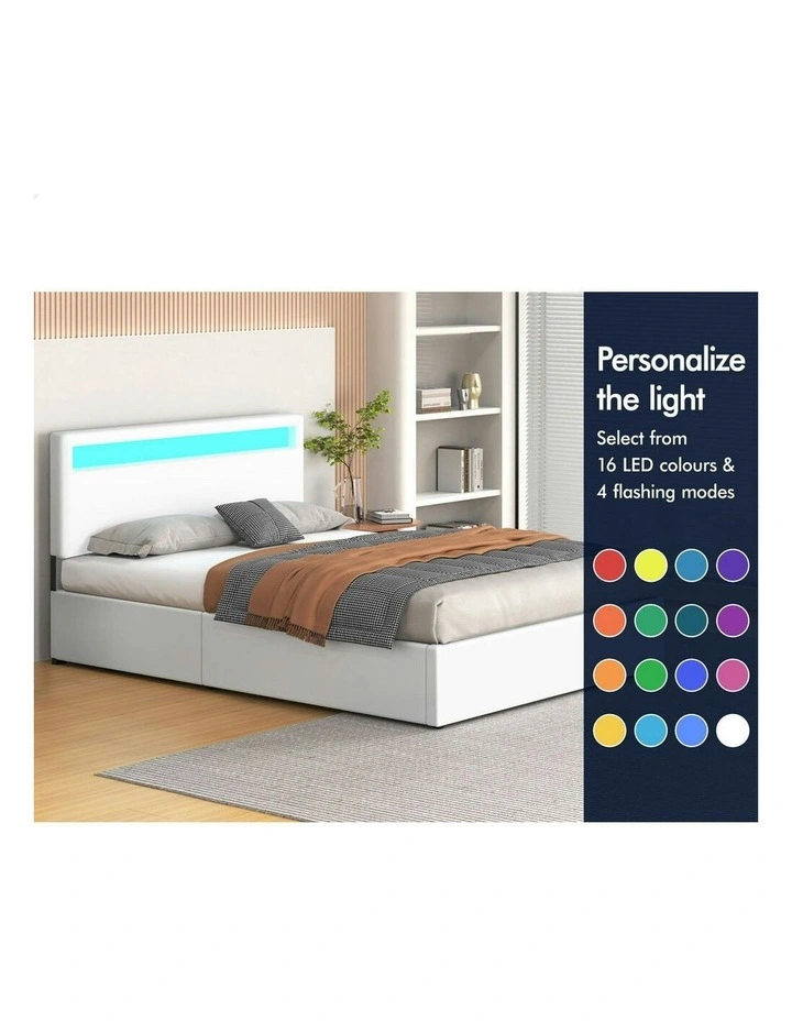 Queen Size Luchino RGB LED Gas Lift Storage Base Bed Frame in White image 4