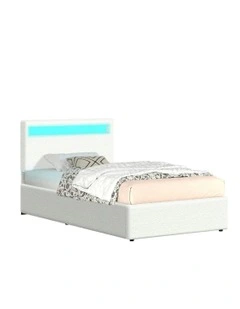 Single Size Luchino RGB LED Gas Lift Storage Base Bed Frame in White
