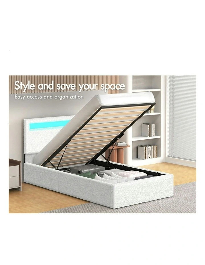 Single Size Luchino RGB LED Gas Lift Storage Base Bed Frame in White image 3