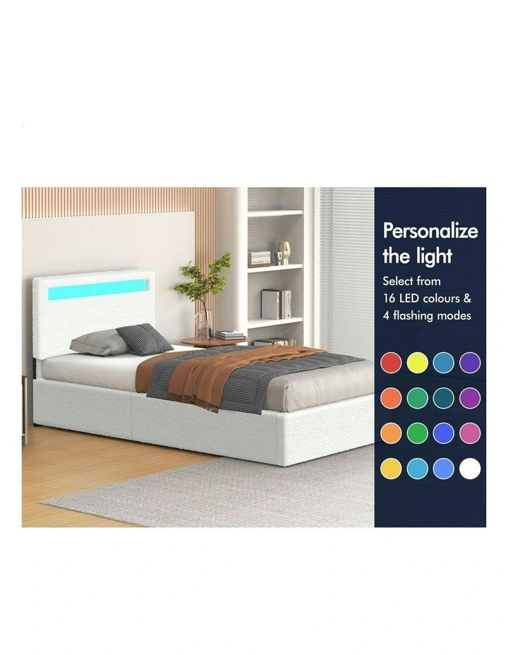 Single Size Luchino RGB LED Gas Lift Storage Base Bed Frame in White image 4