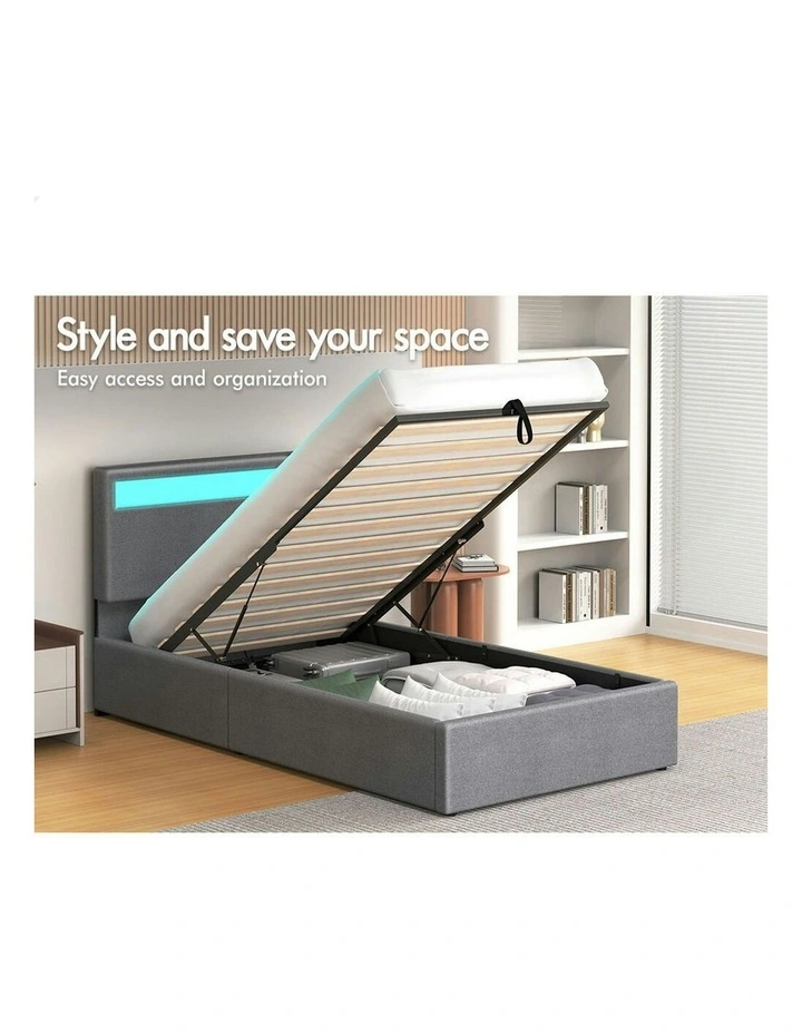Single Size Luchino RGB LED Gas Lift Storage Base Bed Frame in Grey image 3