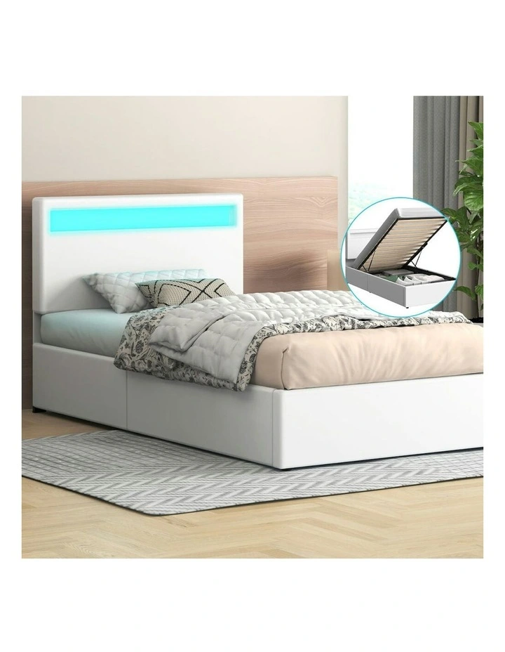 Single Size Luchino RGB LED Gas Lift Storage Base Bed Frame in White image 2