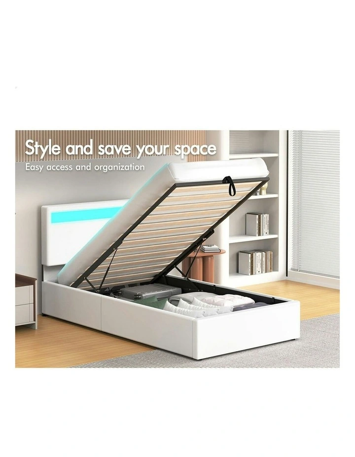 Single Size Luchino RGB LED Gas Lift Storage Base Bed Frame in White image 3