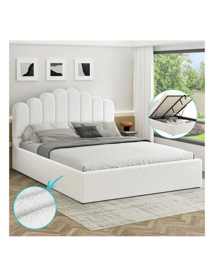 Milton Gas Lift Storage Base Wooden Queen Size Bed Frame in Boucle image 2
