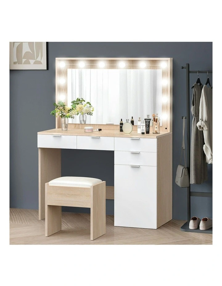 Dressing Table Stool Set LED Bulbs in Oak White image 2