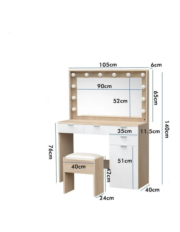 Dressing Table Stool Set LED Bulbs in Oak White image 6