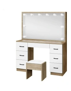 Dressing Table Stool Set Makeup Mirror Desk LED 10 Bulbs in Oak