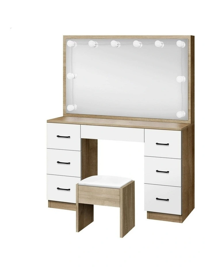 Dressing Table Stool Set Makeup Mirror Desk LED 10 Bulbs in Oak image 1