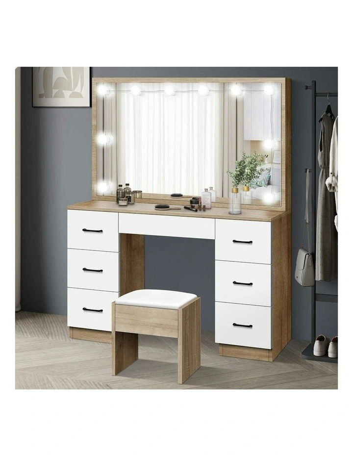 Dressing Table Stool Set Makeup Mirror Desk LED 10 Bulbs in Oak image 2