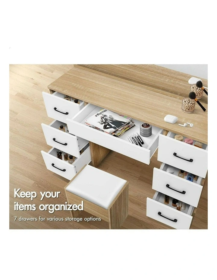 Dressing Table Stool Set Makeup Mirror Desk LED 10 Bulbs in Oak image 3