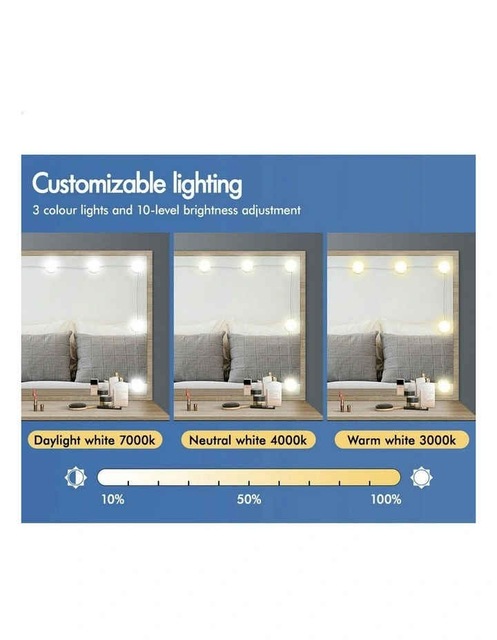 Dressing Table Stool Set Makeup Mirror Desk LED 10 Bulbs in Oak image 4
