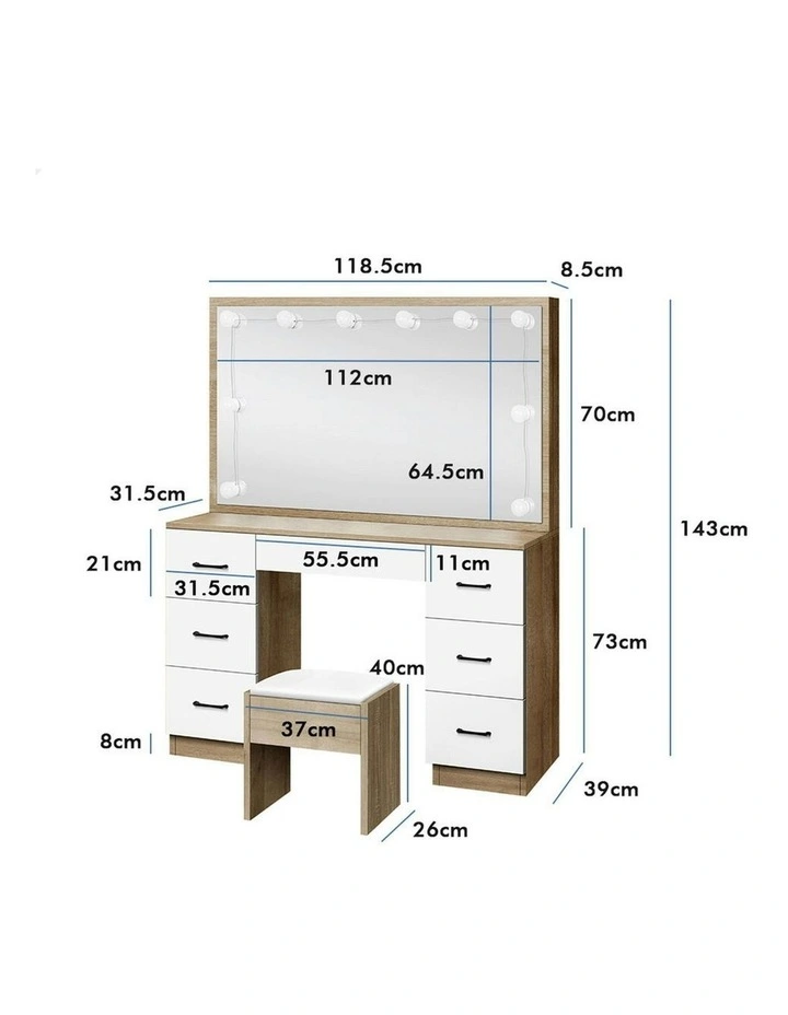 Dressing Table Stool Set Makeup Mirror Desk LED 10 Bulbs in Oak image 7