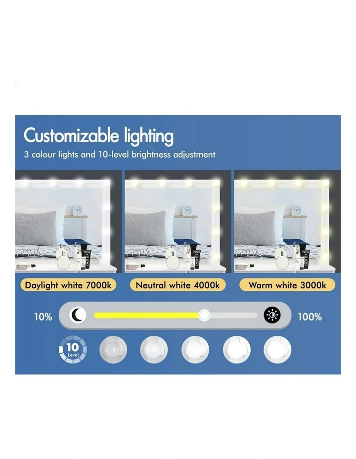 Dressing Table Stool Set Makeup Mirror Desk LED 12 Bulbs in White image 5