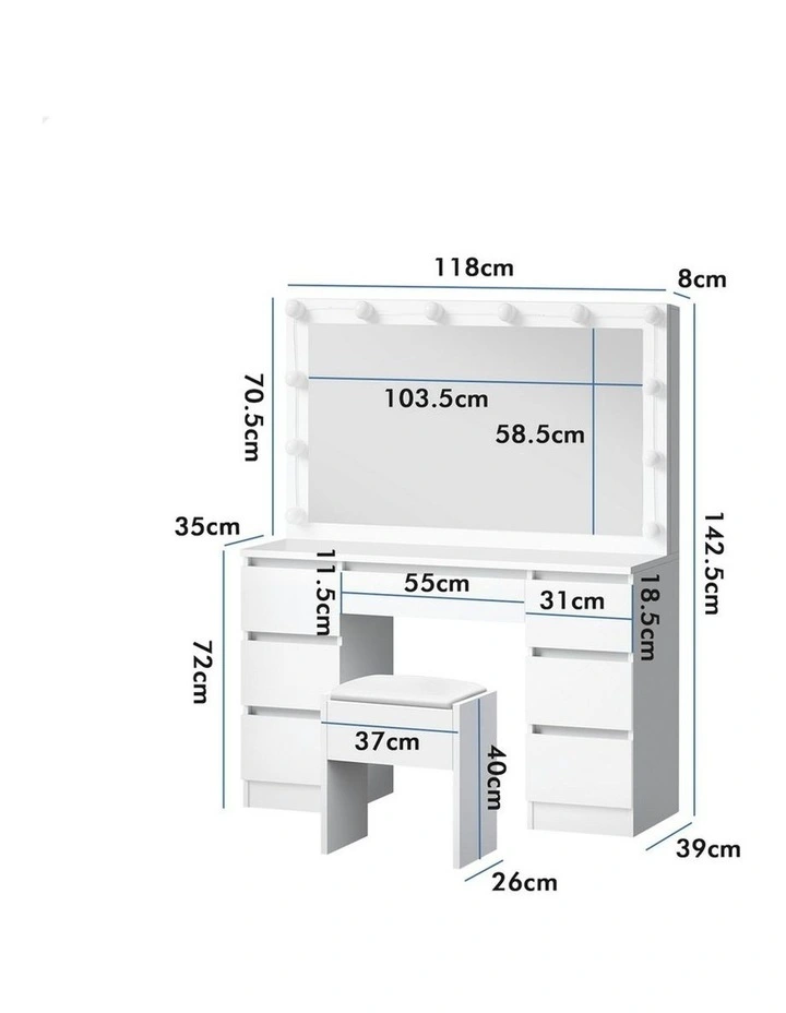 Dressing Table Stool Set Makeup Mirror Desk LED 12 Bulbs in White image 7