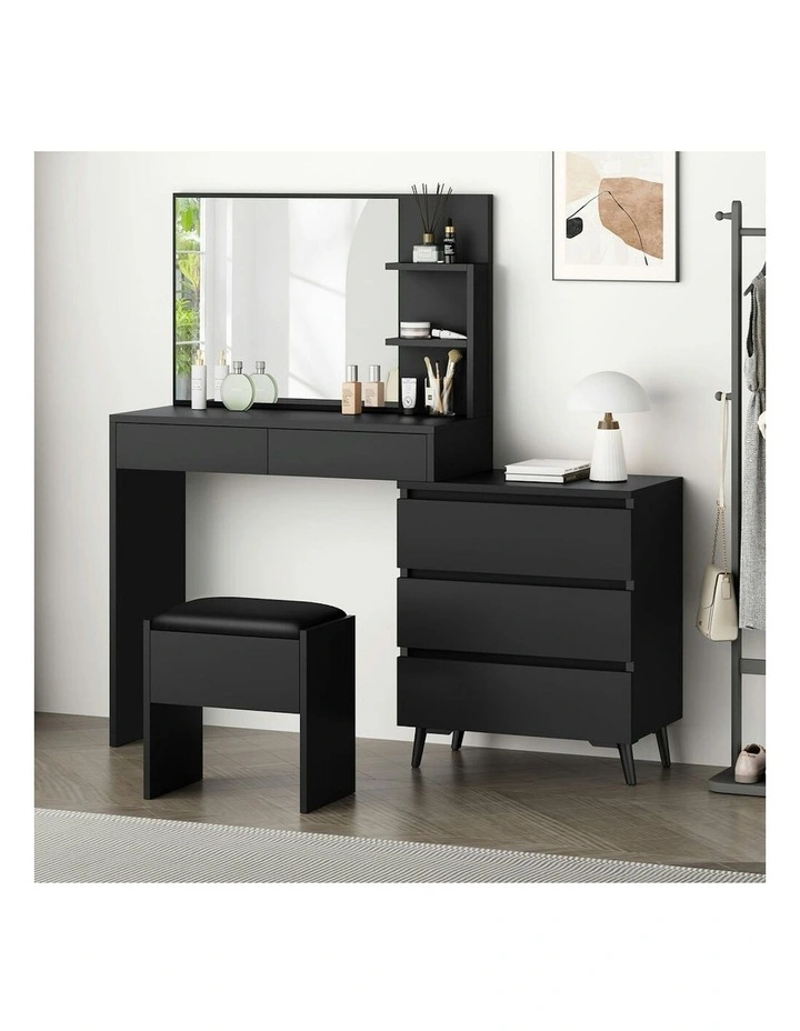 Dressing Table Stool Set Side Cabinet in Black image 2