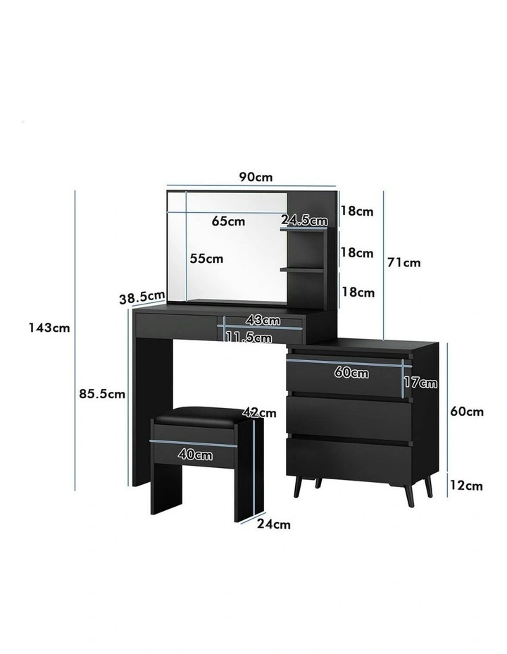 Dressing Table Stool Set Side Cabinet in Black image 7