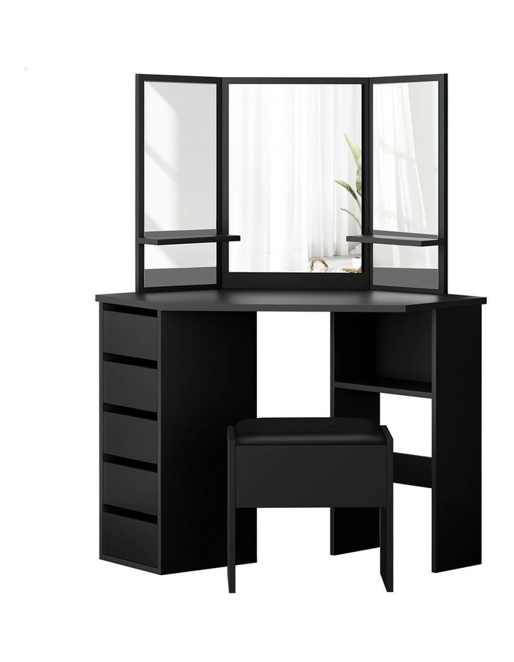 Tri-fold Dressing Table Stool Set in Black image 1