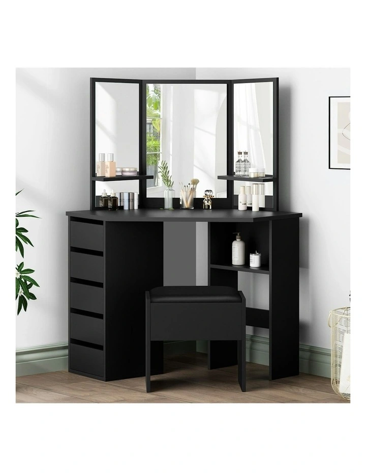 Tri-fold Dressing Table Stool Set in Black image 2