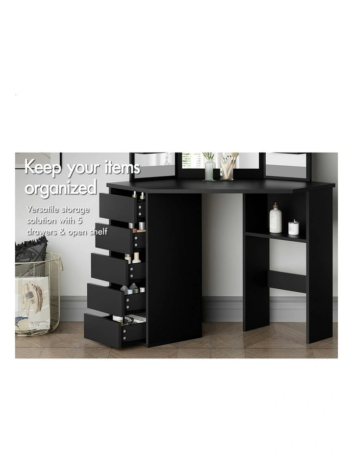 Tri-fold Dressing Table Stool Set in Black image 3