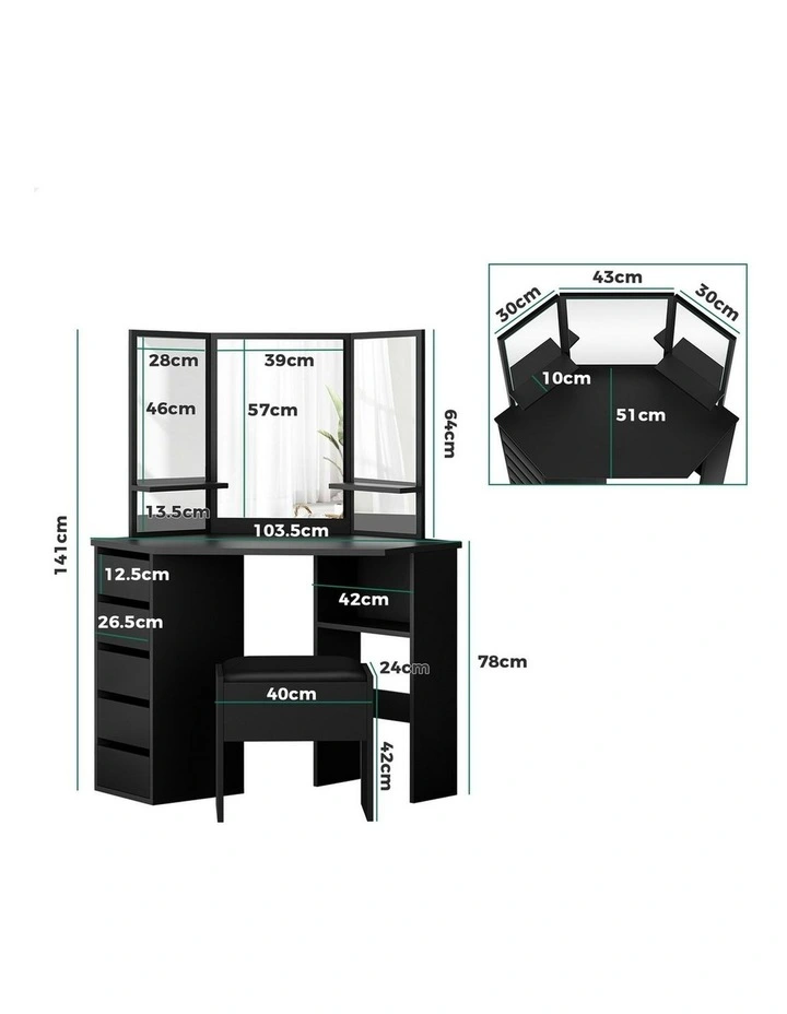 Tri-fold Dressing Table Stool Set in Black image 4