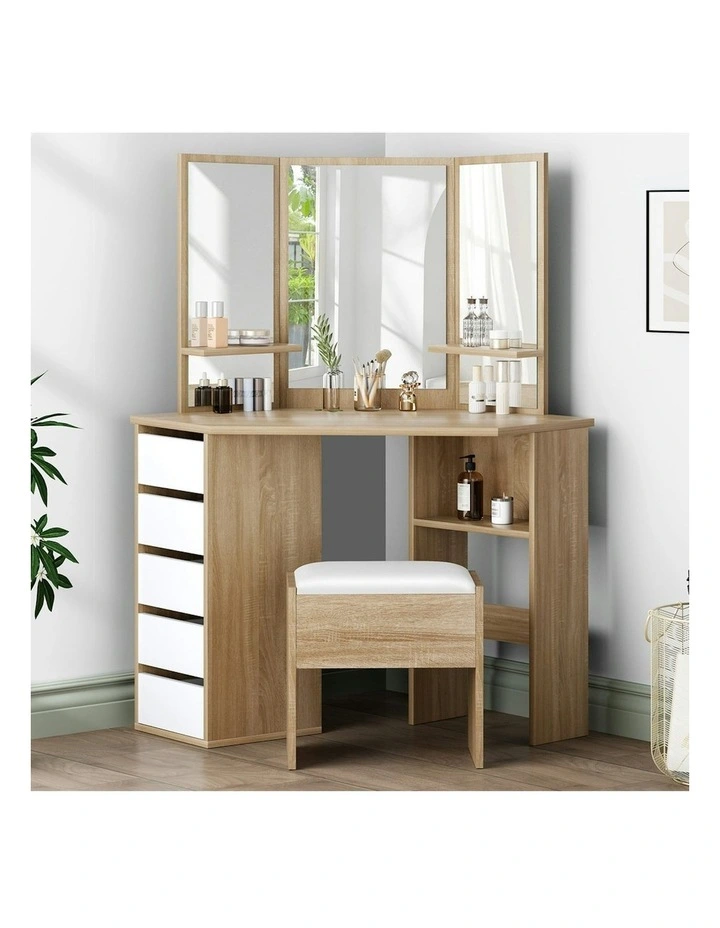 Tri-fold Dressing Table Stool Set in Oak image 2