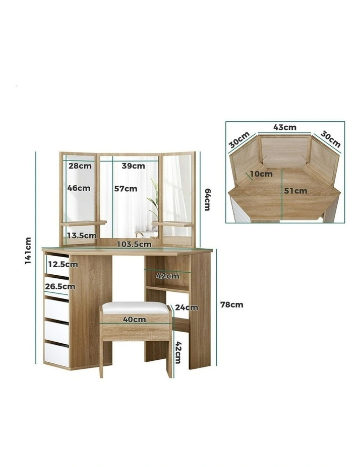 Tri-fold Dressing Table Stool Set in Oak image 4