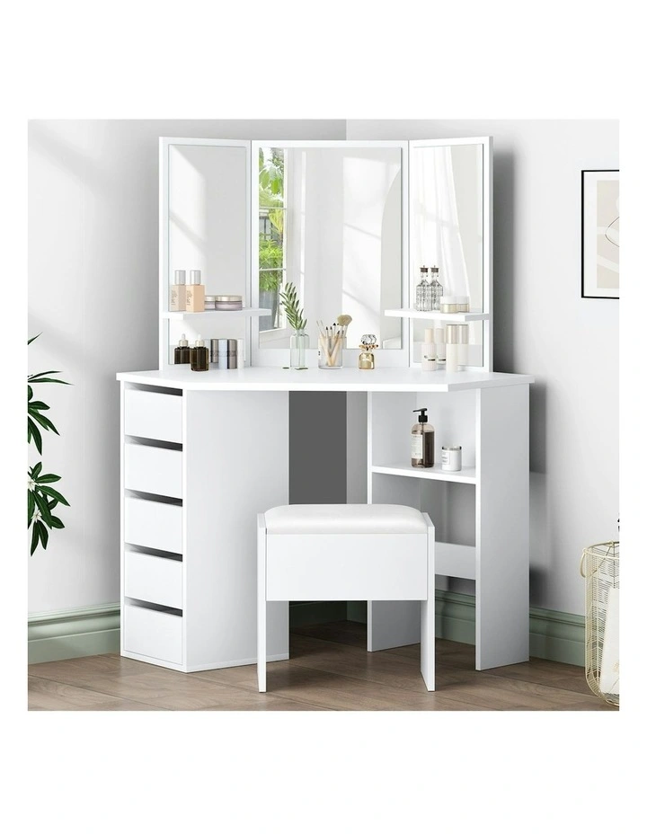 Tri-fold Stool Set Dressing Table in White image 2